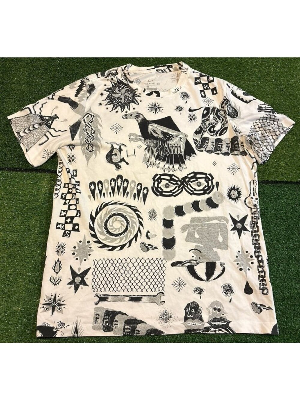 nike shirt mens large white black nathan bell aztec pigeon all over print AOP